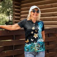 Blue Grunge Polynesian Pattern Women Polo Shirt Plumeria Floral