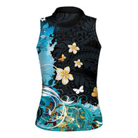 Blue Grunge Polynesian Pattern Women Sleeveless Polo Shirt Plumeria Floral