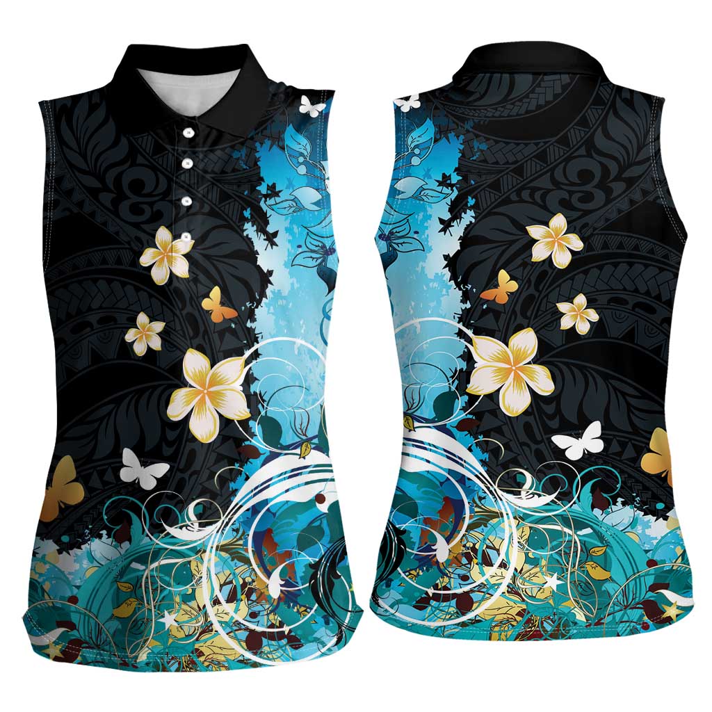 Blue Grunge Polynesian Pattern Women Sleeveless Polo Shirt Plumeria Floral