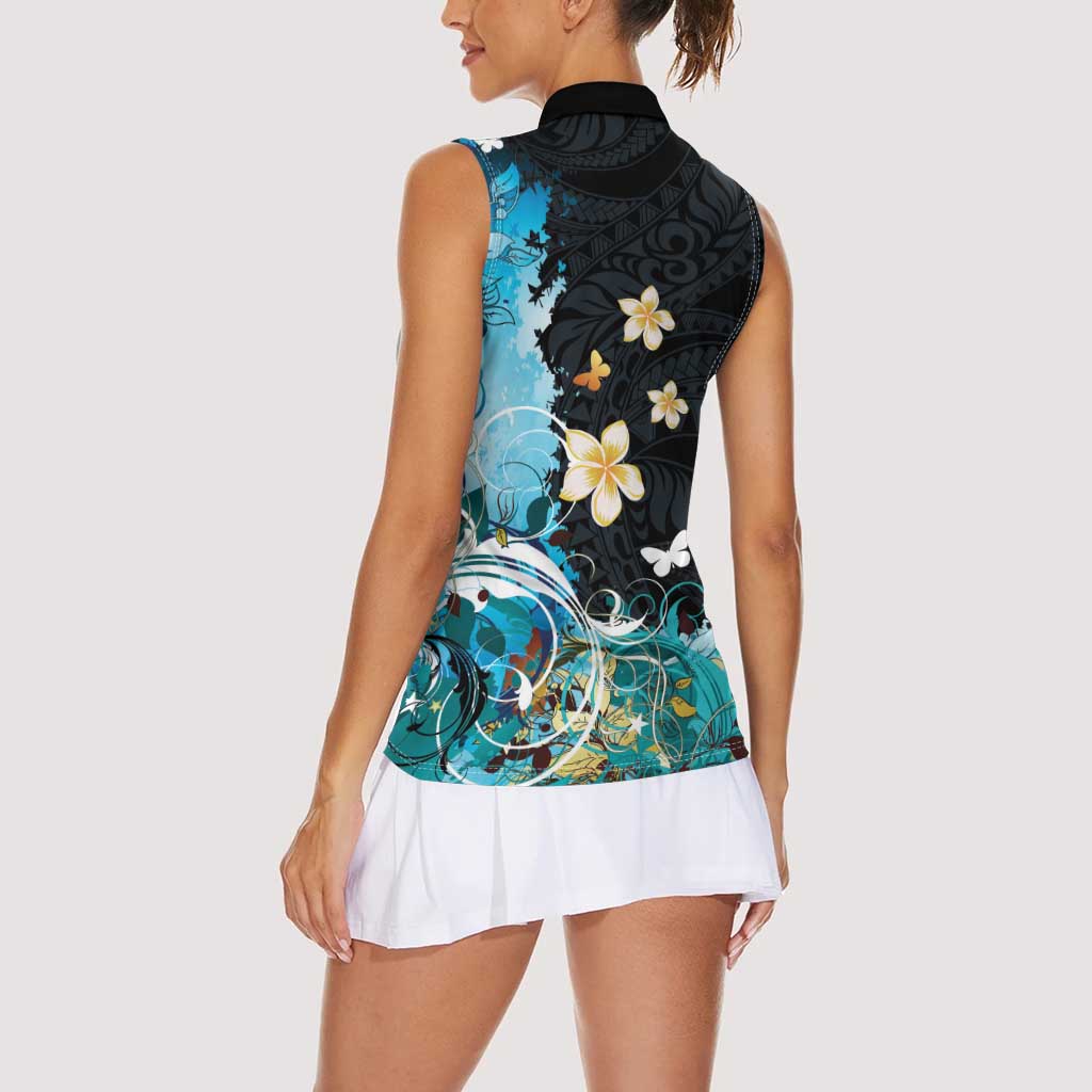 Blue Grunge Polynesian Pattern Women Sleeveless Polo Shirt Plumeria Floral