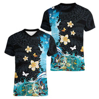Blue Grunge Polynesian Pattern Women V-Neck T-Shirt Plumeria Floral