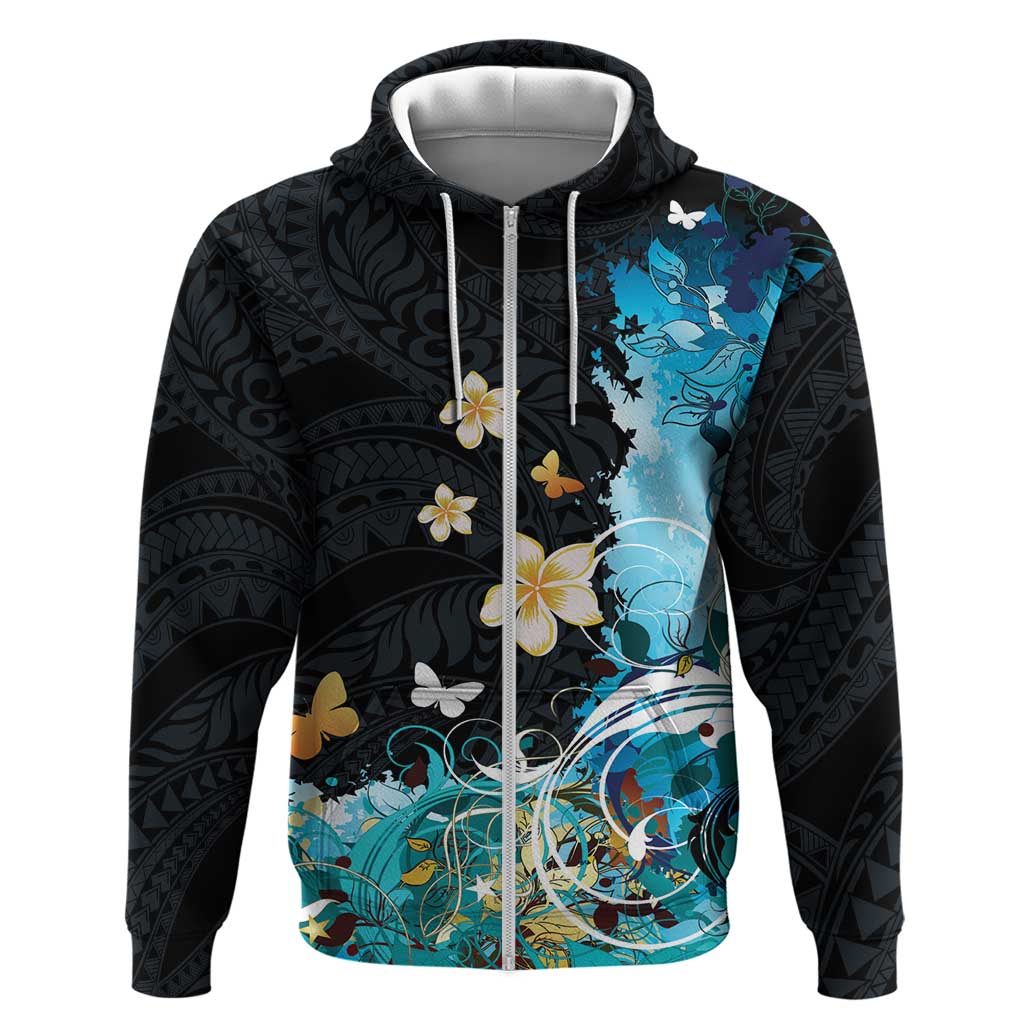 Blue Grunge Polynesian Pattern Zip Hoodie Plumeria Floral