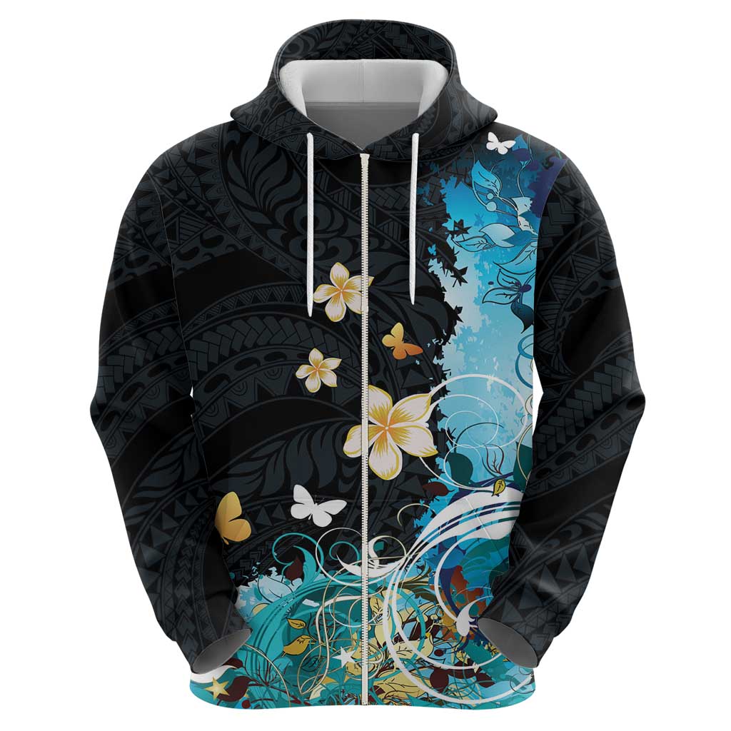 Blue Grunge Polynesian Pattern Zip Hoodie Plumeria Floral