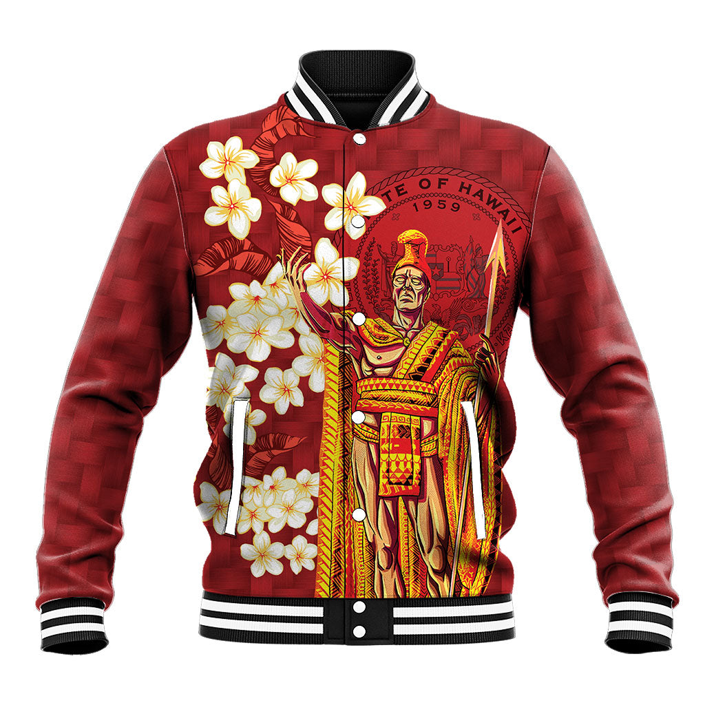 Hawaii King Kamehameha Baseball Jacket Plumeria Lauhala Pattern LT01 Unisex Red - Polynesian Pride