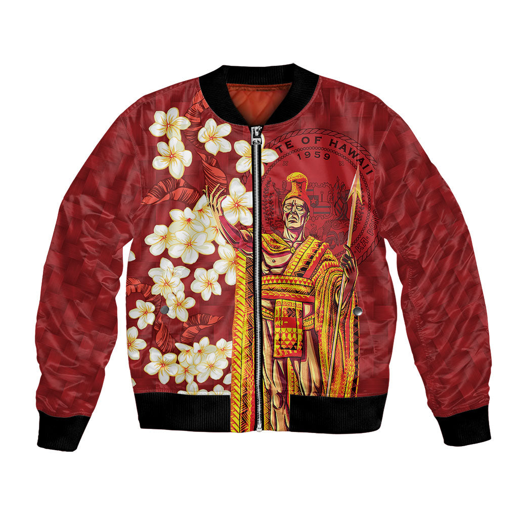 Hawaii King Kamehameha Bomber Jacket Plumeria Lauhala Pattern LT01 Unisex Red - Polynesian Pride