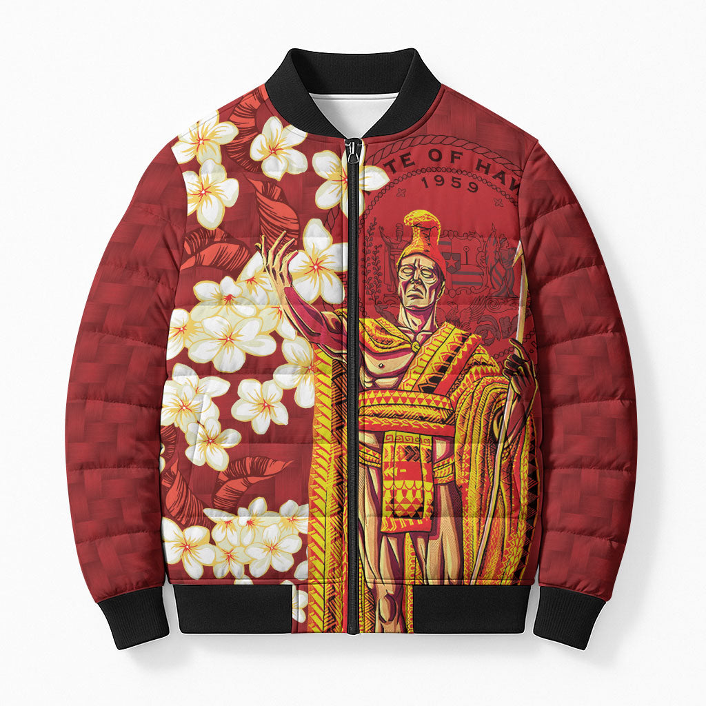Hawaii King Kamehameha Bomber Puffer Jacket Plumeria Lauhala Pattern LT01 Unisex Red - Polynesian Pride