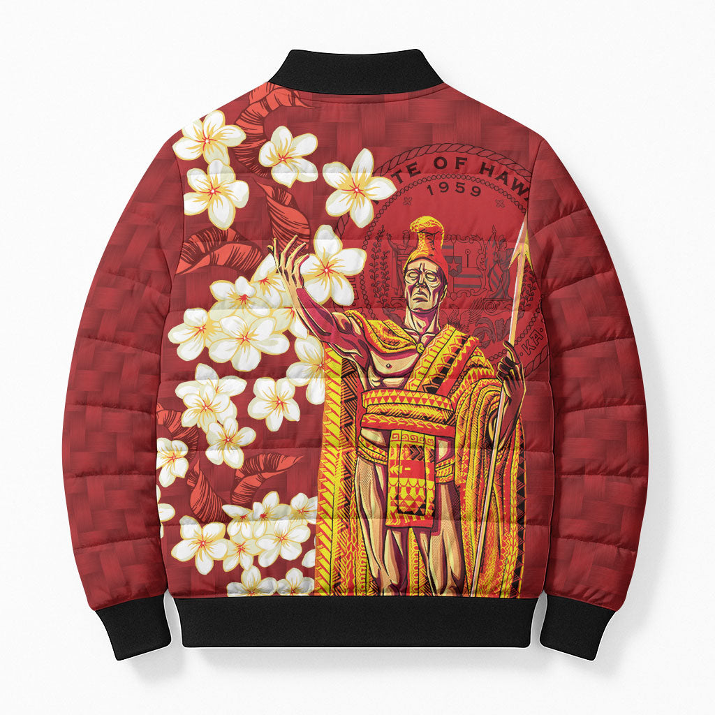 Hawaii King Kamehameha Bomber Puffer Jacket Plumeria Lauhala Pattern LT01 - Polynesian Pride