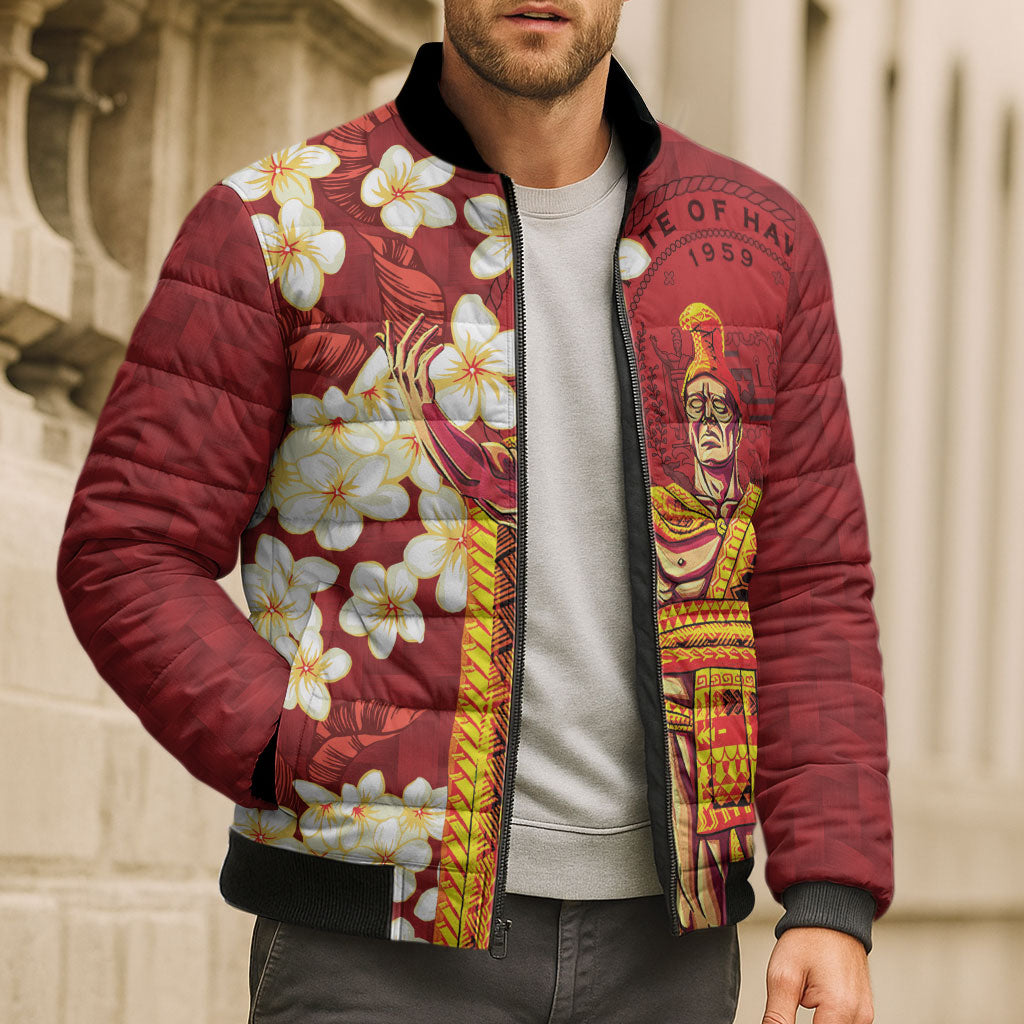 Hawaii King Kamehameha Bomber Puffer Jacket Plumeria Lauhala Pattern LT01 - Polynesian Pride