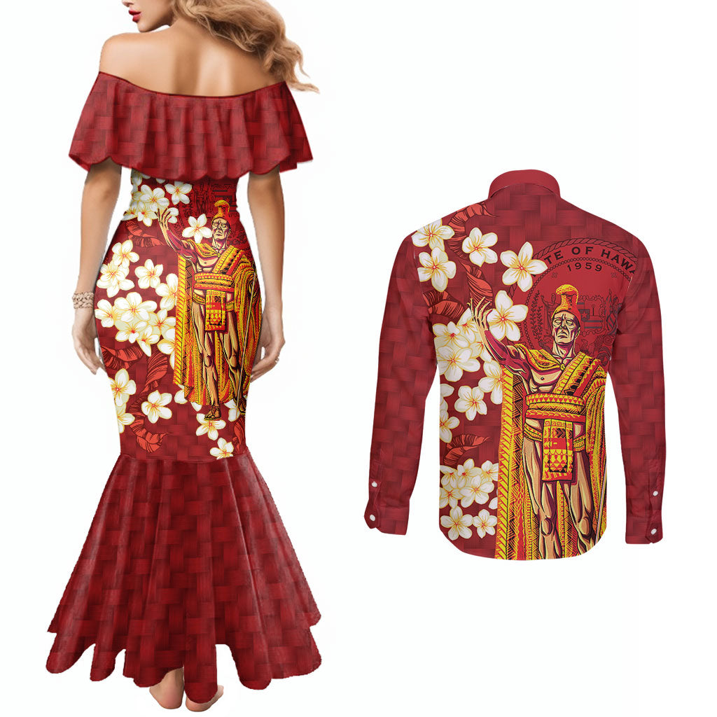 Hawaii King Kamehameha Couples Matching Mermaid Dress and Long Sleeve Button Shirt Plumeria Lauhala Pattern LT01 - Polynesian Pride