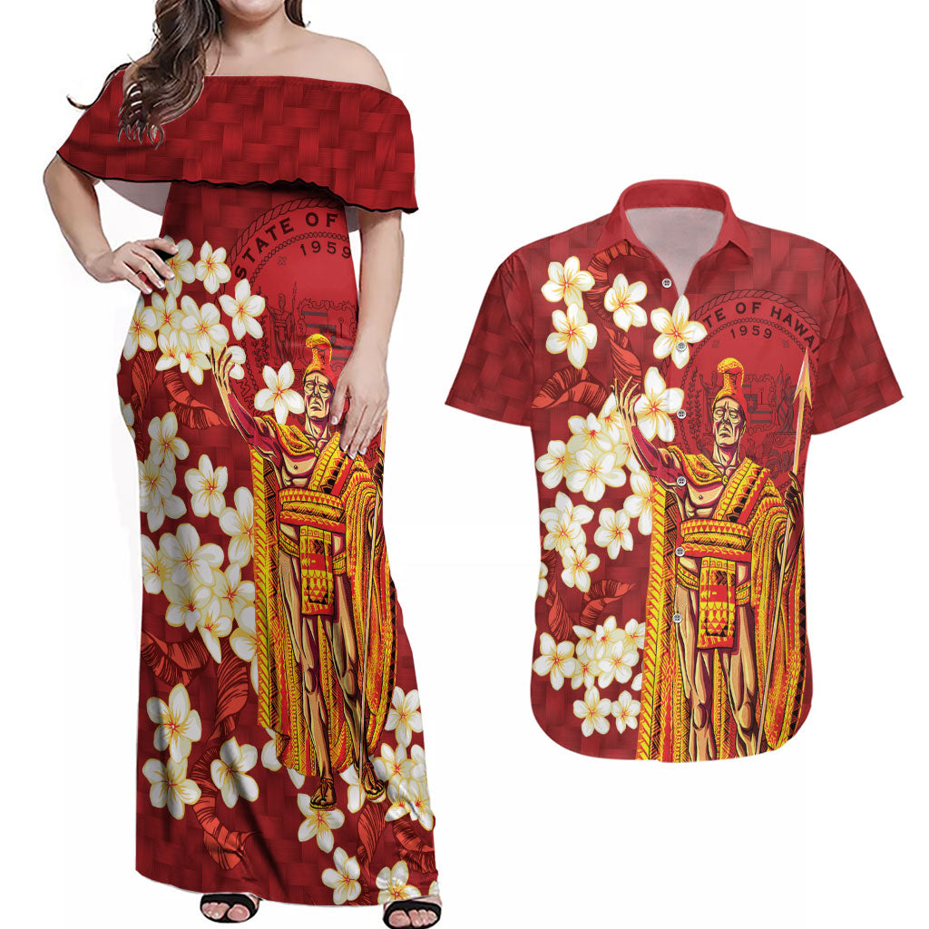 Hawaii King Kamehameha Couples Matching Off Shoulder Maxi Dress and Hawaiian Shirt Plumeria Lauhala Pattern LT01 Red - Polynesian Pride