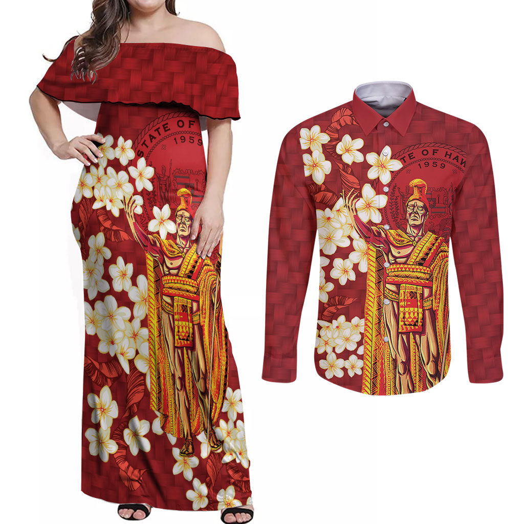 Hawaii King Kamehameha Couples Matching Off Shoulder Maxi Dress and Long Sleeve Button Shirt Plumeria Lauhala Pattern LT01 Red - Polynesian Pride
