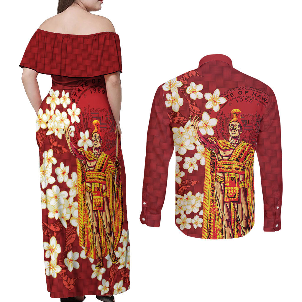 Hawaii King Kamehameha Couples Matching Off Shoulder Maxi Dress and Long Sleeve Button Shirt Plumeria Lauhala Pattern LT01 - Polynesian Pride
