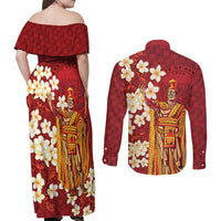 Hawaii King Kamehameha Couples Matching Off Shoulder Maxi Dress and Long Sleeve Button Shirt Plumeria Lauhala Pattern LT01 - Polynesian Pride