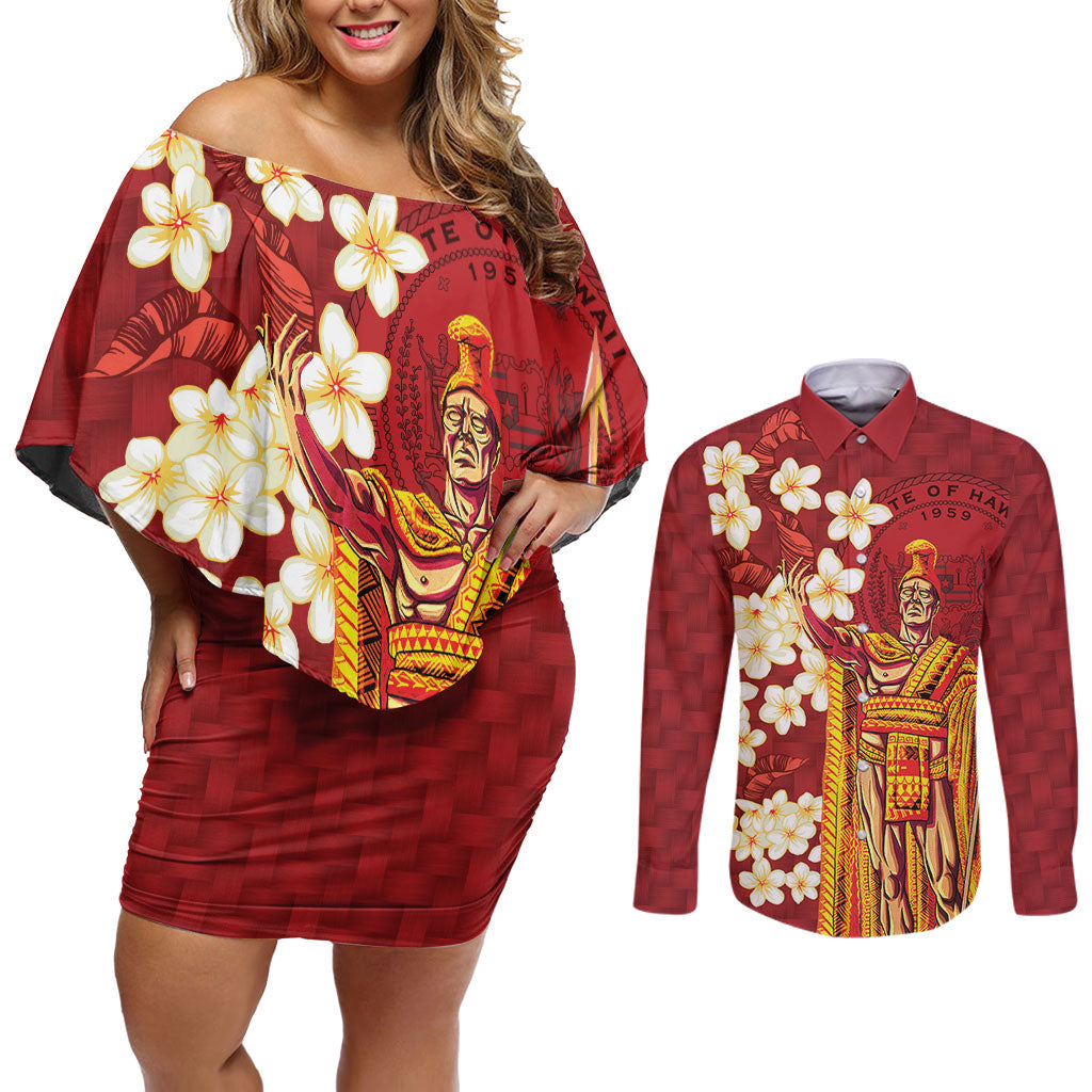 Hawaii King Kamehameha Couples Matching Off Shoulder Short Dress and Long Sleeve Button Shirt Plumeria Lauhala Pattern LT01 Red - Polynesian Pride