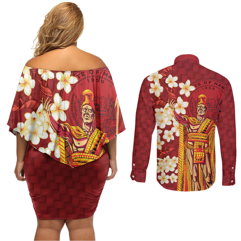Hawaii King Kamehameha Couples Matching Off Shoulder Short Dress and Long Sleeve Button Shirt Plumeria Lauhala Pattern LT01 - Polynesian Pride