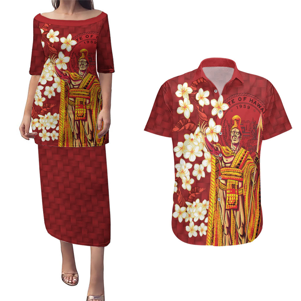 Hawaii King Kamehameha Couples Matching Puletasi and Hawaiian Shirt Plumeria Lauhala Pattern LT01 Red - Polynesian Pride