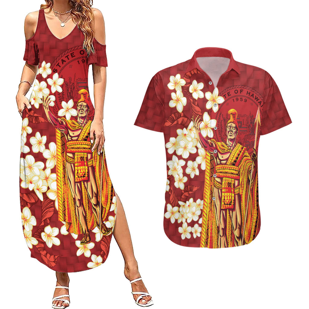 Hawaii King Kamehameha Couples Matching Summer Maxi Dress and Hawaiian Shirt Plumeria Lauhala Pattern LT01 Red - Polynesian Pride