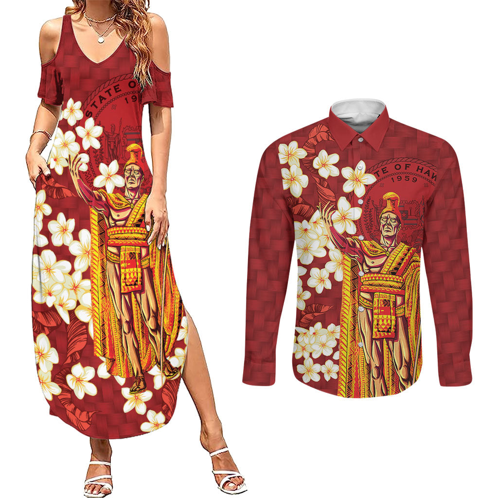 Hawaii King Kamehameha Couples Matching Summer Maxi Dress and Long Sleeve Button Shirt Plumeria Lauhala Pattern LT01 Red - Polynesian Pride