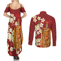 Hawaii King Kamehameha Couples Matching Summer Maxi Dress and Long Sleeve Button Shirt Plumeria Lauhala Pattern LT01 - Polynesian Pride