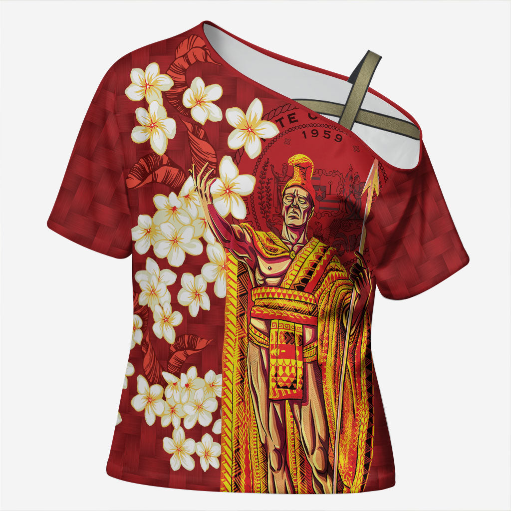 Hawaii King Kamehameha Cross Shoulder Shirt Plumeria Lauhala Pattern