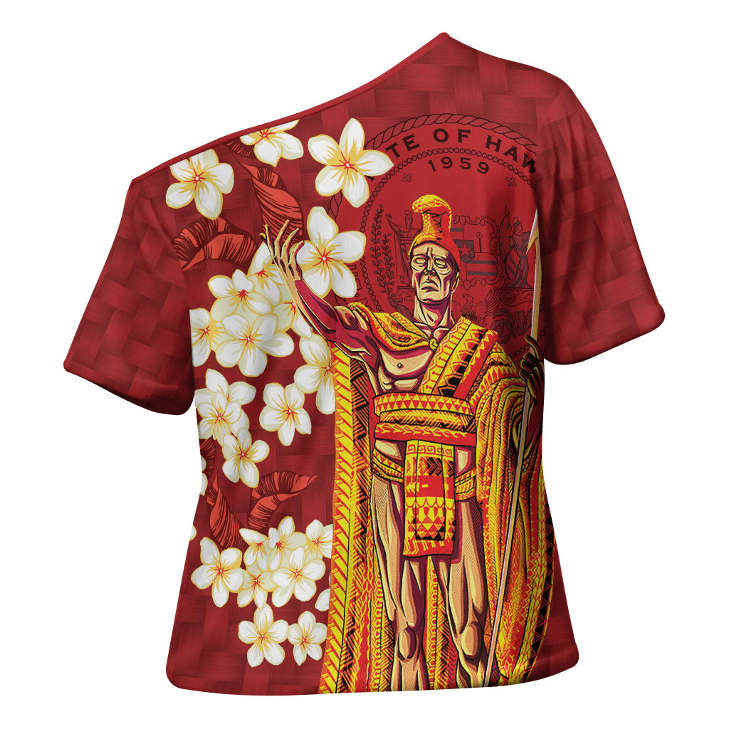 Hawaii King Kamehameha Cross Shoulder Shirt Plumeria Lauhala Pattern