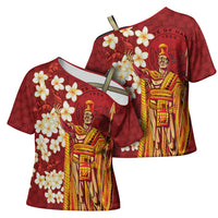 Hawaii King Kamehameha Cross Shoulder Shirt Plumeria Lauhala Pattern