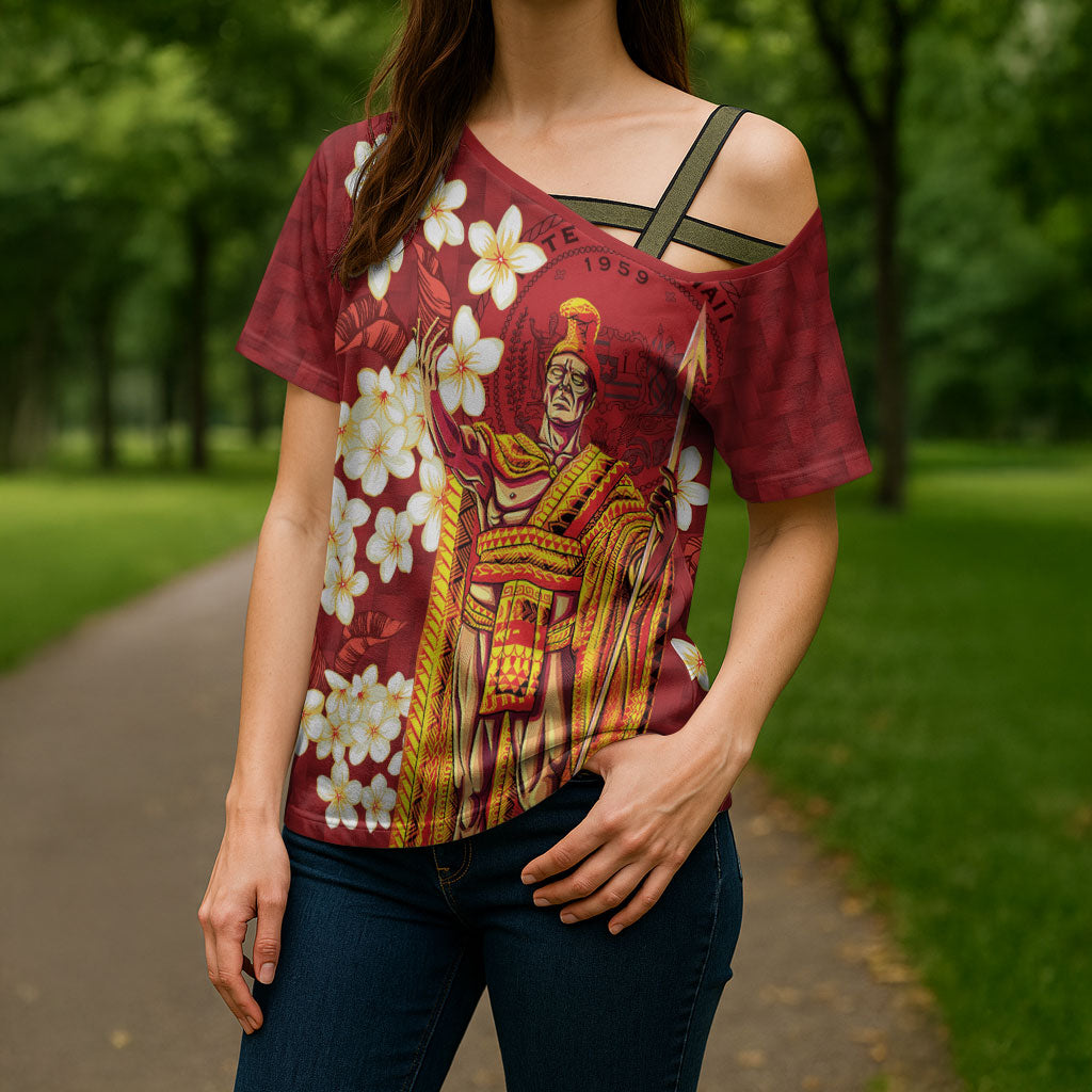 Hawaii King Kamehameha Cross Shoulder Shirt Plumeria Lauhala Pattern