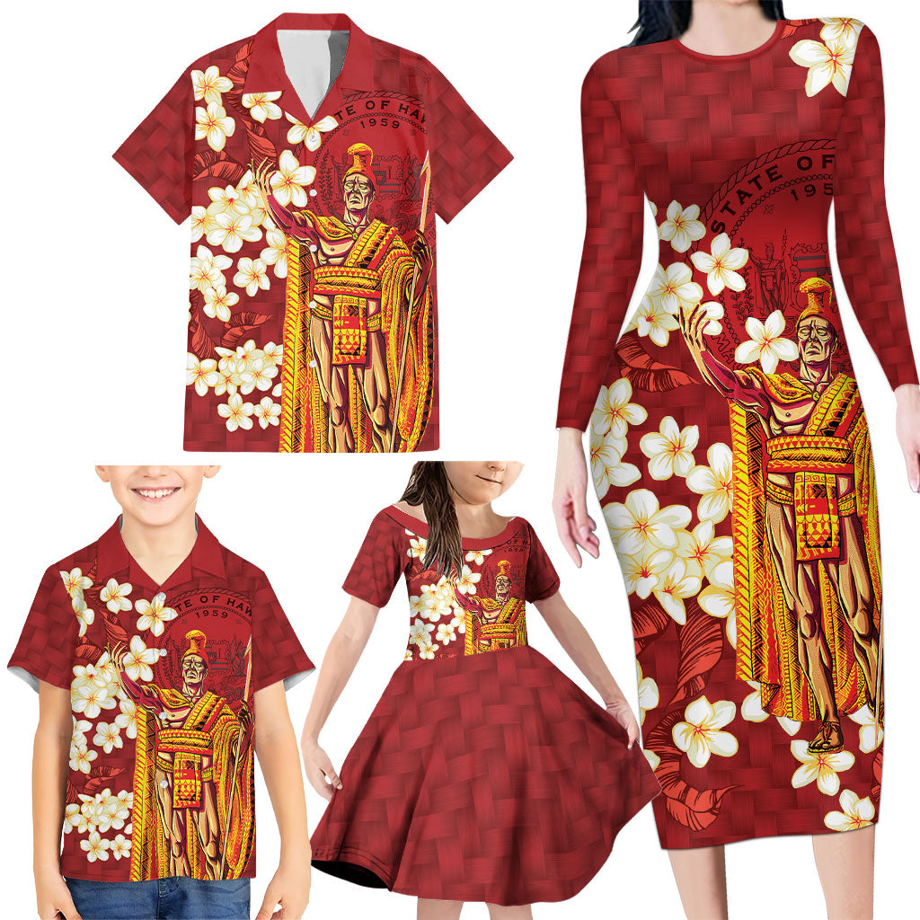 Hawaii King Kamehameha Family Matching Long Sleeve Bodycon Dress and Hawaiian Shirt Plumeria Lauhala Pattern LT01 - Polynesian Pride