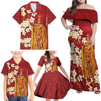 Hawaii King Kamehameha Family Matching Off Shoulder Maxi Dress and Hawaiian Shirt Plumeria Lauhala Pattern