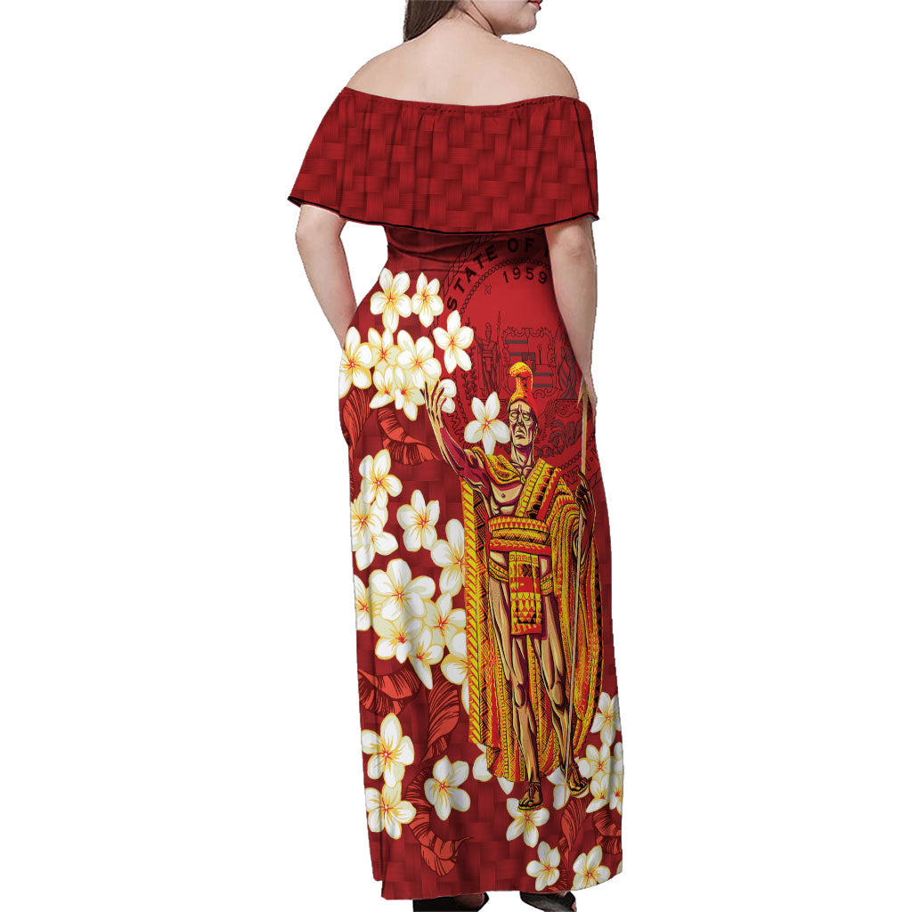Hawaii King Kamehameha Family Matching Off Shoulder Maxi Dress and Hawaiian Shirt Plumeria Lauhala Pattern