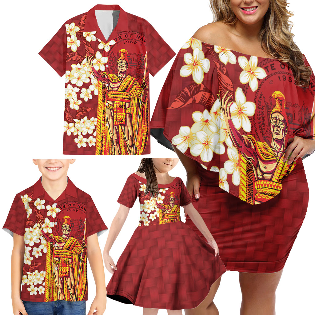 Hawaii King Kamehameha Family Matching Off Shoulder Short Dress and Hawaiian Shirt Plumeria Lauhala Pattern LT01 - Polynesian Pride