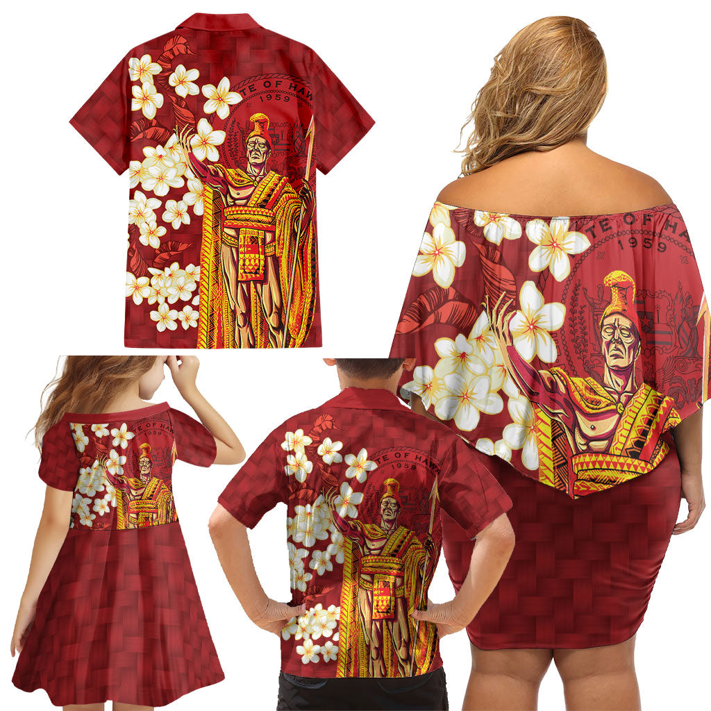 Hawaii King Kamehameha Family Matching Off Shoulder Short Dress and Hawaiian Shirt Plumeria Lauhala Pattern