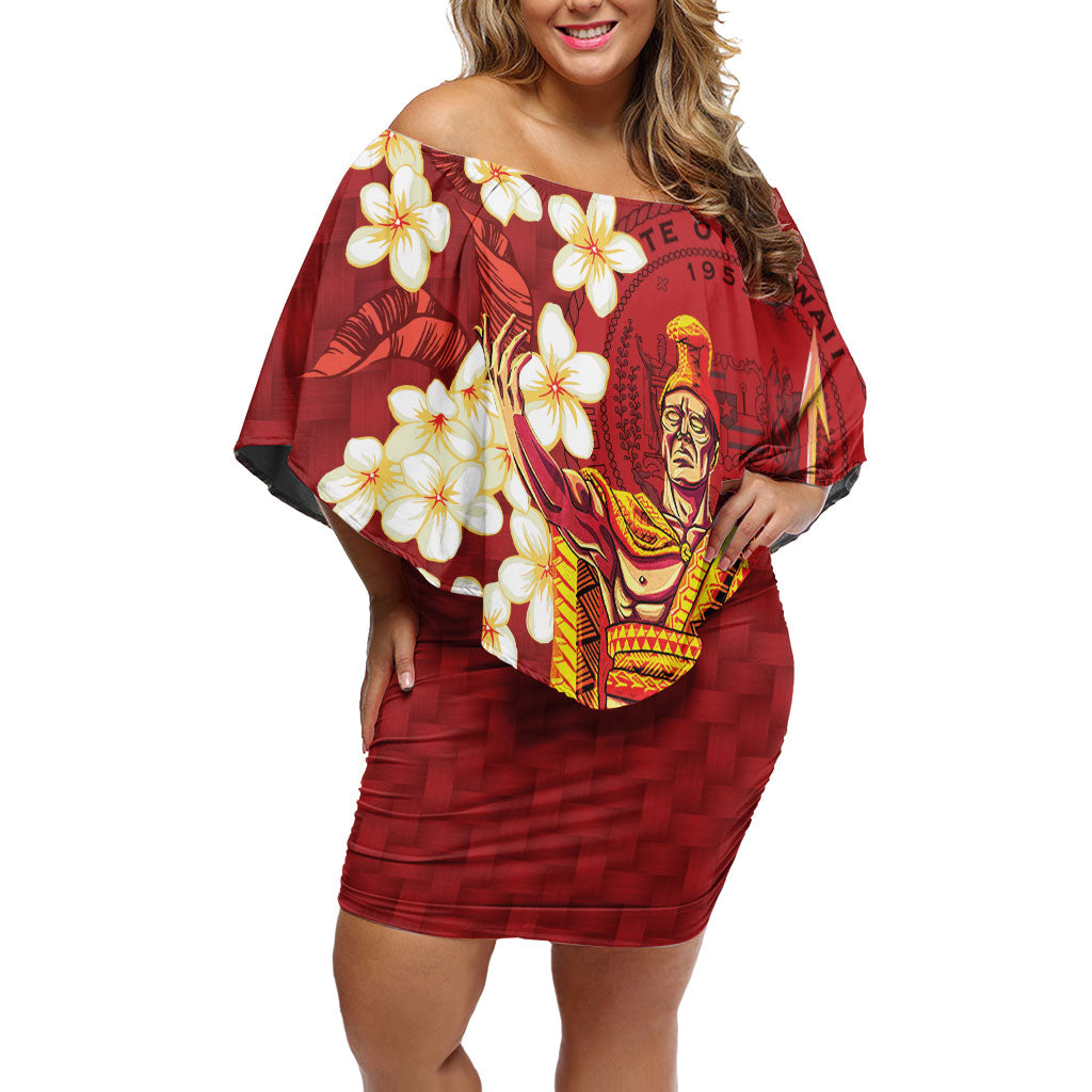 Hawaii King Kamehameha Family Matching Off Shoulder Short Dress and Hawaiian Shirt Plumeria Lauhala Pattern