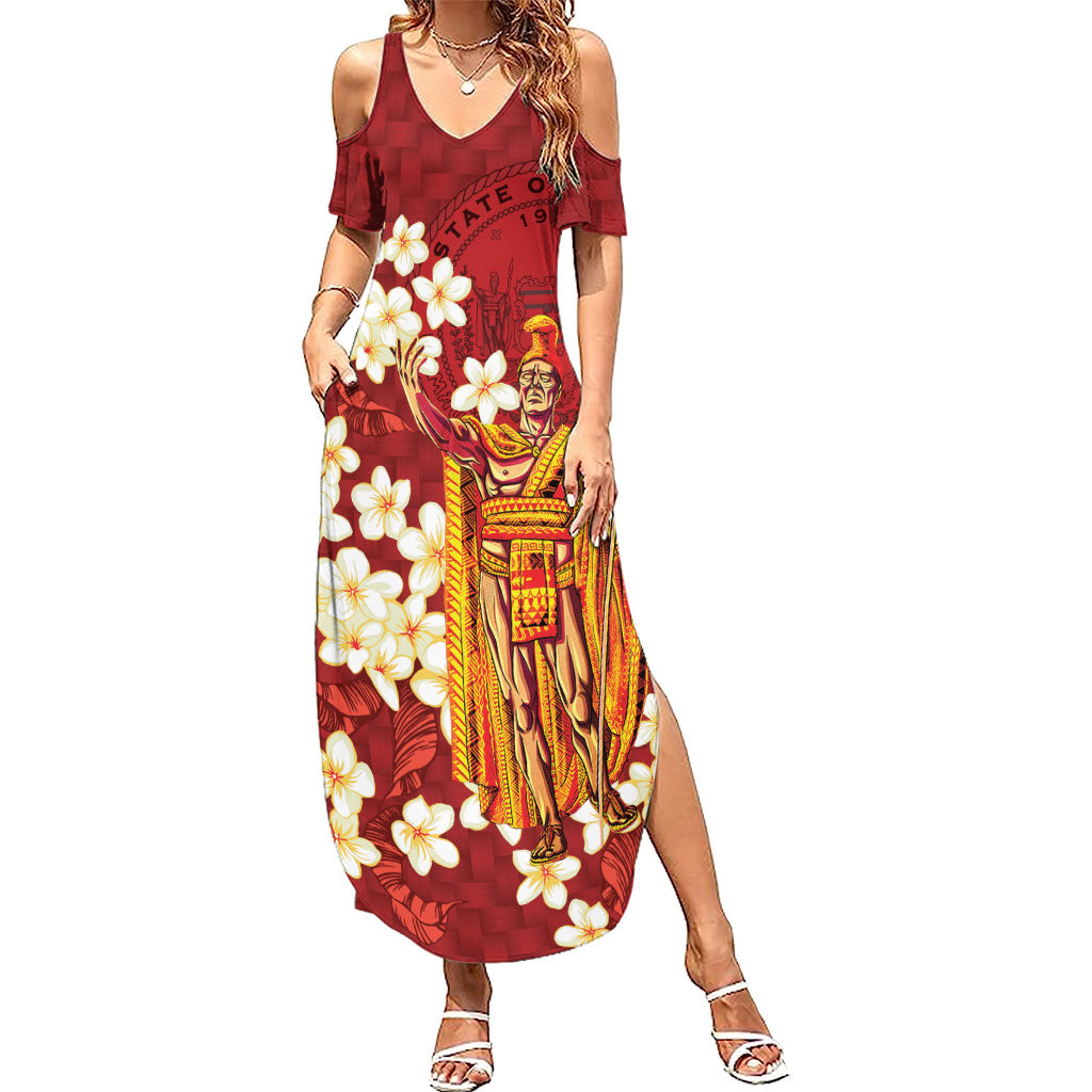 Hawaii King Kamehameha Family Matching Summer Maxi Dress and Hawaiian Shirt Plumeria Lauhala Pattern
