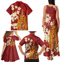 Hawaii King Kamehameha Family Matching Tank Maxi Dress and Hawaiian Shirt Plumeria Lauhala Pattern