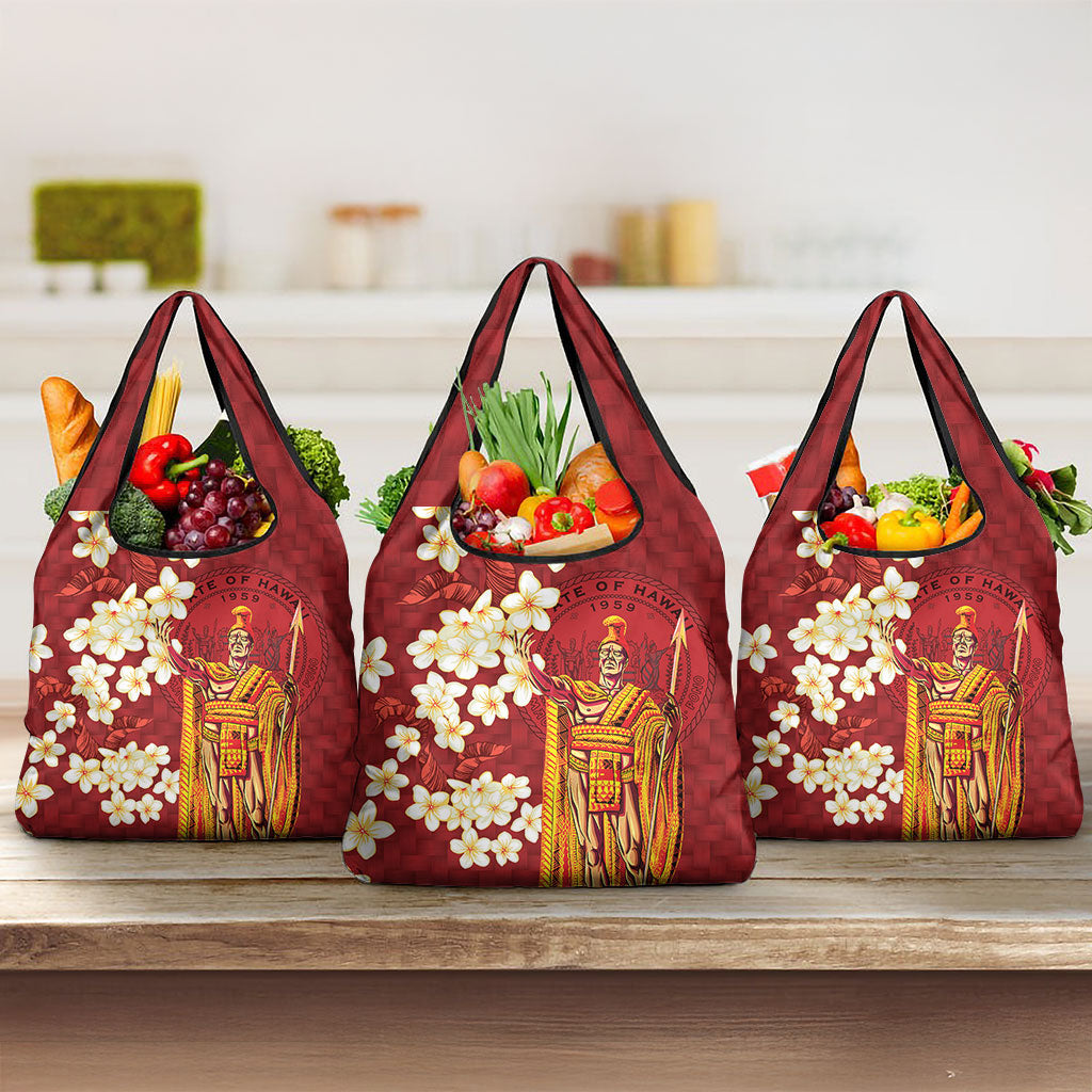 Hawaii King Kamehameha Grocery Bag Plumeria Lauhala Pattern LT01 3-pack One Size Red - Polynesian Pride