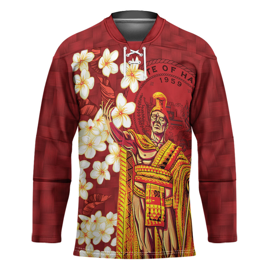 Hawaii King Kamehameha Hockey Jersey Plumeria Lauhala Pattern LT01 Unisex Red - Polynesian Pride