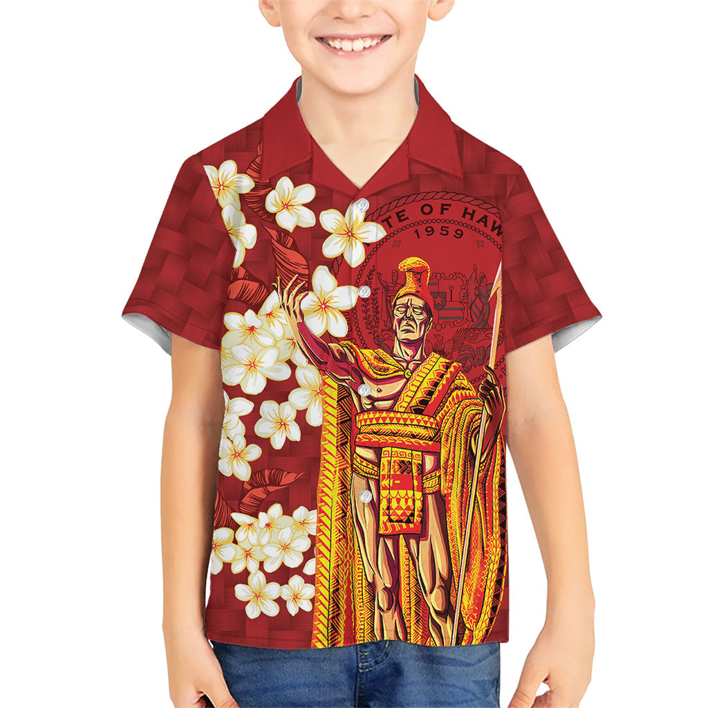 Hawaii King Kamehameha Kid Hawaiian Shirt Plumeria Lauhala Pattern