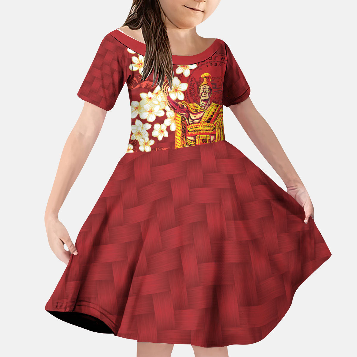 Hawaii King Kamehameha Kid Short Sleeve Dress Plumeria Lauhala Pattern