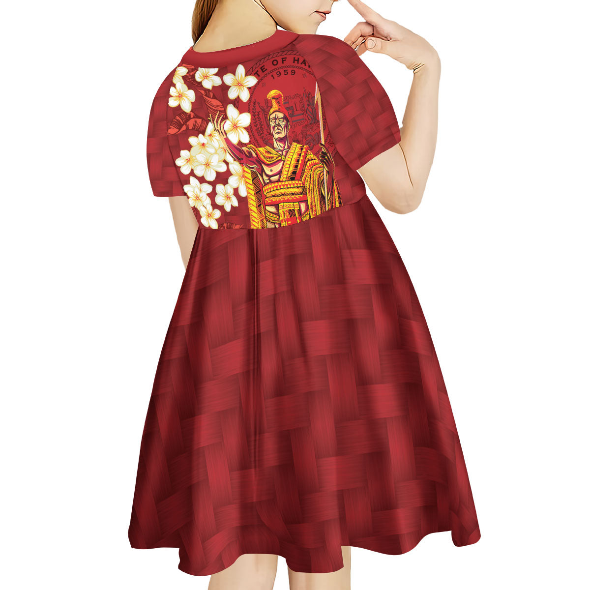 Hawaii King Kamehameha Kid Short Sleeve Dress Plumeria Lauhala Pattern
