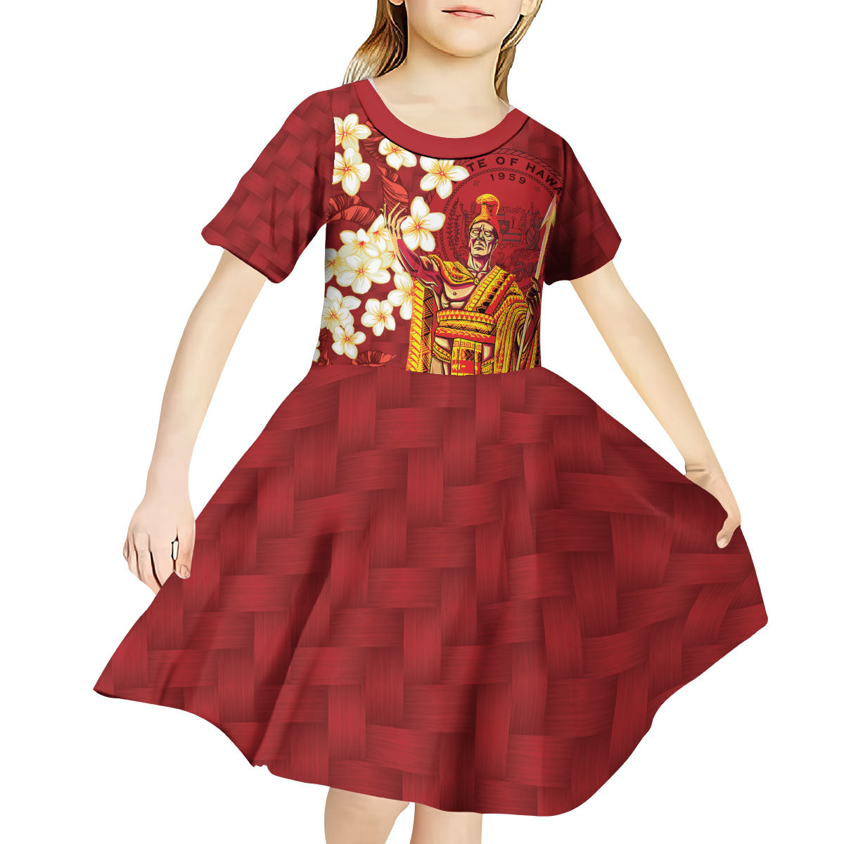 Hawaii King Kamehameha Kid Short Sleeve Dress Plumeria Lauhala Pattern