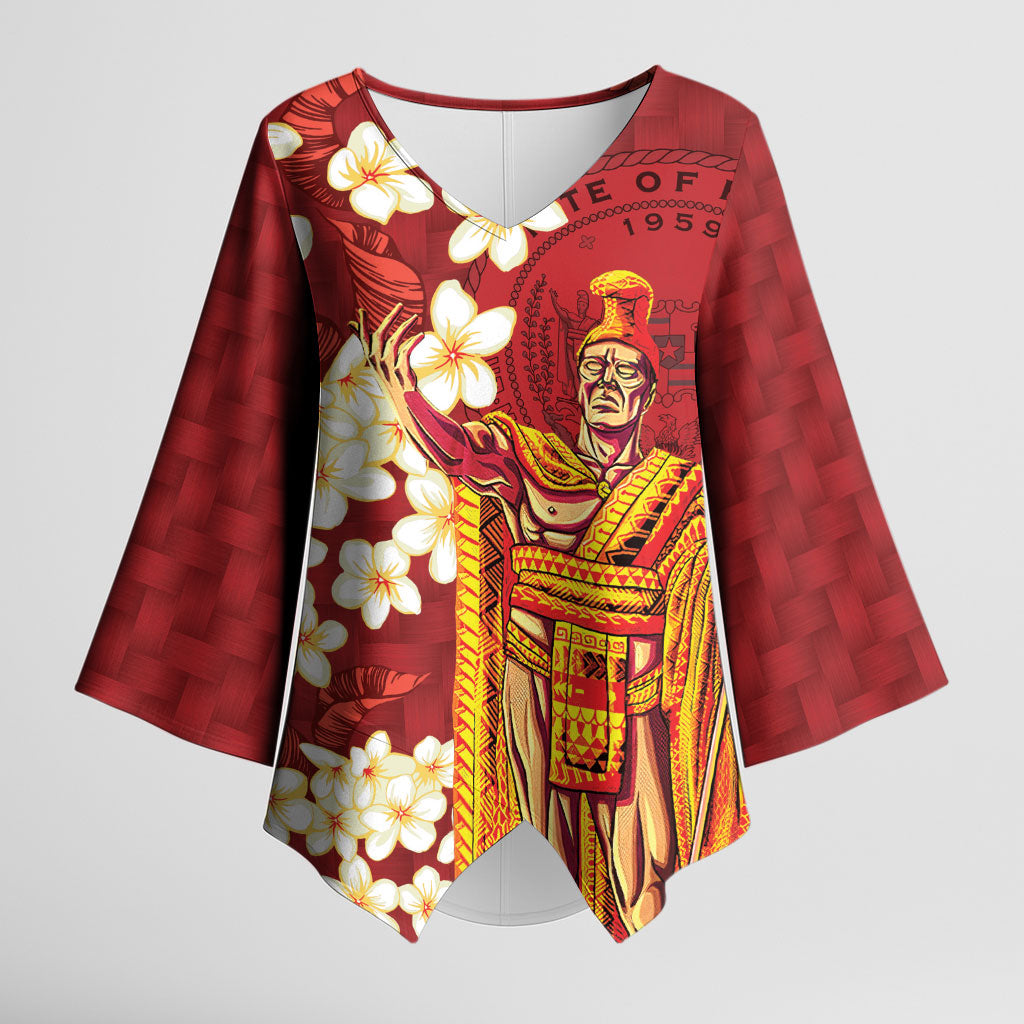 Hawaii King Kamehameha Kimono Sleeve Blouse Plumeria Lauhala Pattern LT01 Female Red - Polynesian Pride