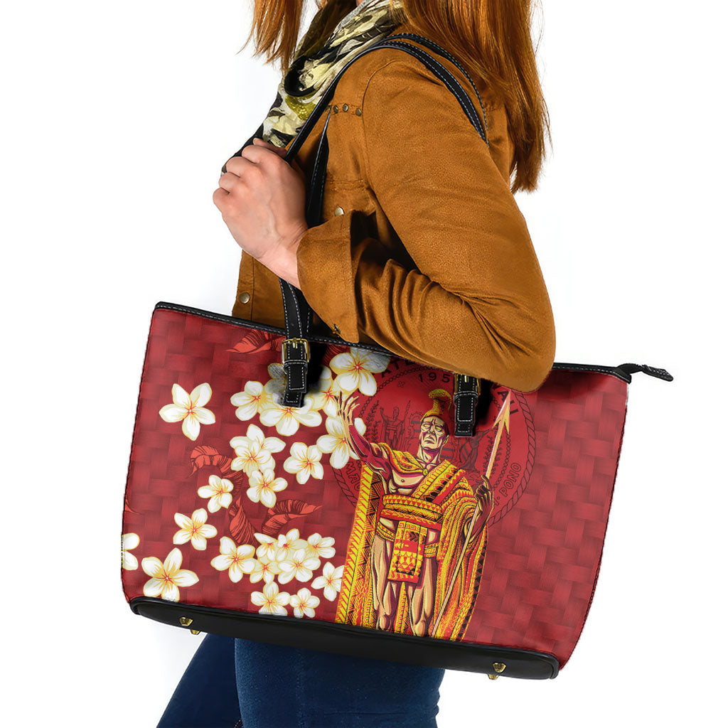Hawaii King Kamehameha Leather Tote Bag Plumeria Lauhala Pattern LT01 Red - Polynesian Pride