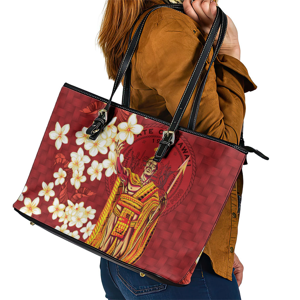 Hawaii King Kamehameha Leather Tote Bag Plumeria Lauhala Pattern LT01 - Polynesian Pride