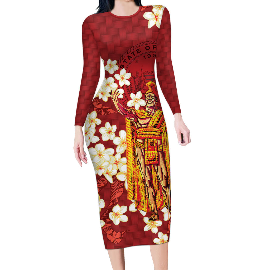 Hawaii King Kamehameha Long Sleeve Bodycon Dress Plumeria Lauhala Pattern LT01 Long Dress Red - Polynesian Pride