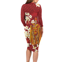 Hawaii King Kamehameha Long Sleeve Bodycon Dress Plumeria Lauhala Pattern LT01 - Polynesian Pride
