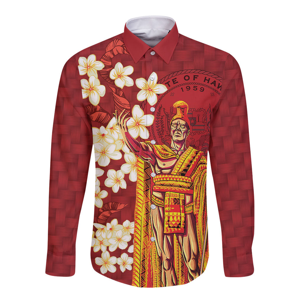 Hawaii King Kamehameha Long Sleeve Button Shirt Plumeria Lauhala Pattern LT01 Unisex Red - Polynesian Pride