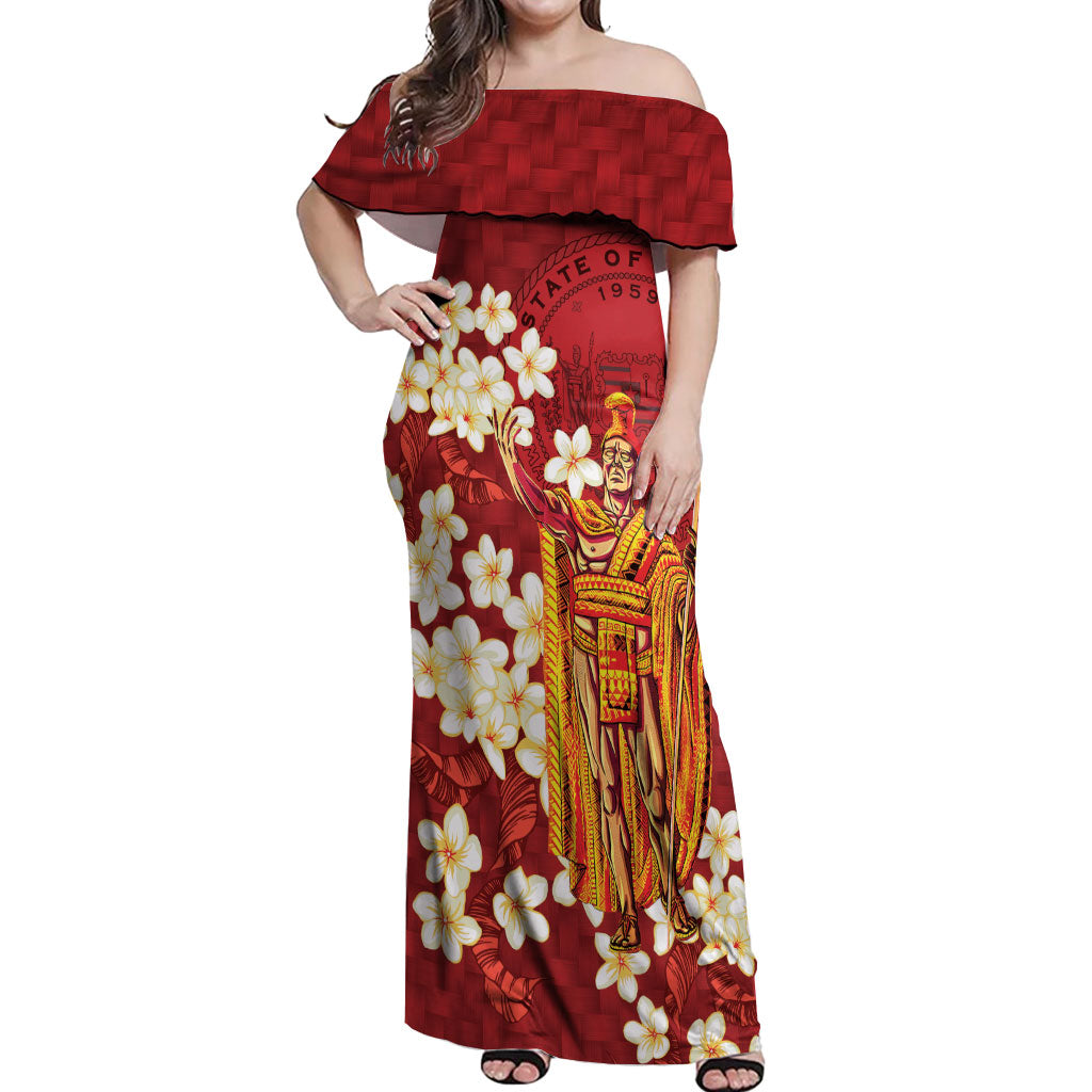 Hawaii King Kamehameha Off Shoulder Maxi Dress Plumeria Lauhala Pattern LT01 Women Red - Polynesian Pride