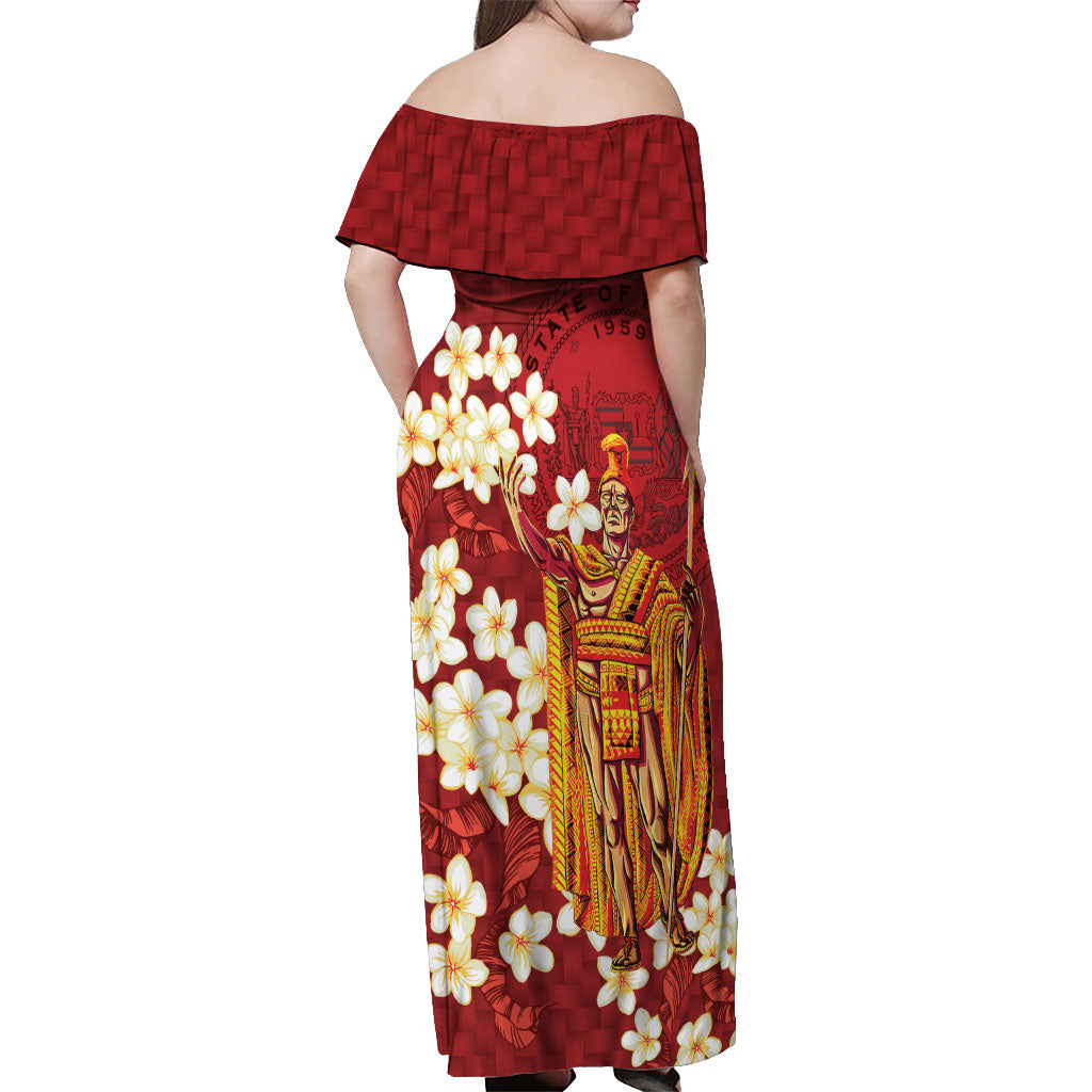 Hawaii King Kamehameha Off Shoulder Maxi Dress Plumeria Lauhala Pattern LT01 - Polynesian Pride