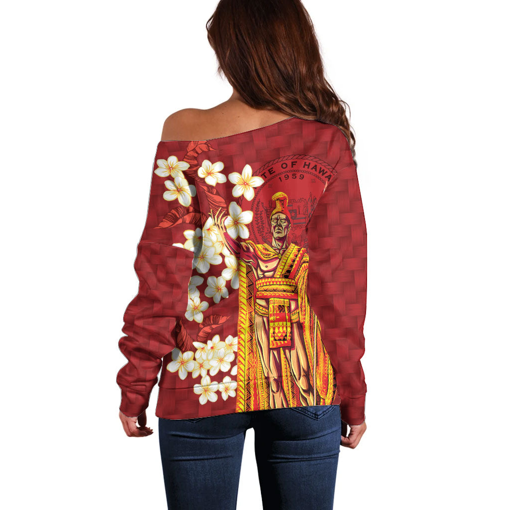 Hawaii King Kamehameha Off Shoulder Sweater Plumeria Lauhala Pattern LT01 - Polynesian Pride